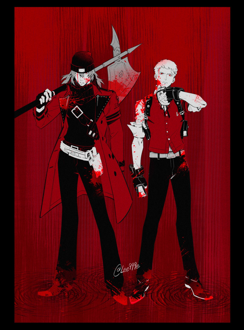 2boys, absurdres, aragaki_shinjirou, axe, beanie, belt, black_gloves, black_pants