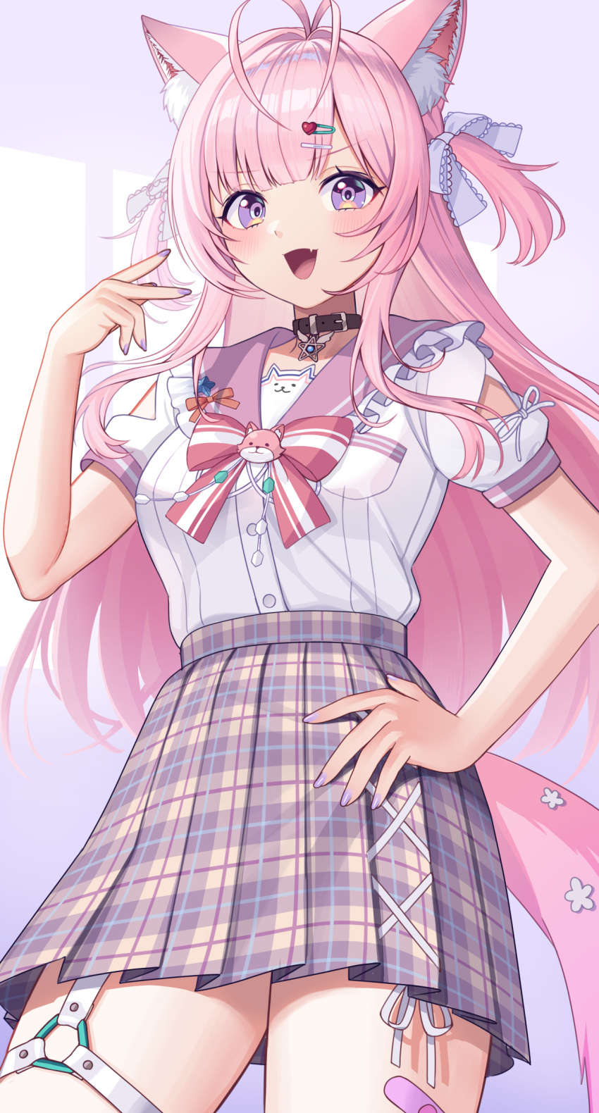 1girl, animal_ear_fluff, animal_ears, antenna_hair, arm_cutout, bandaid_on_thigh, belt, belt_collar