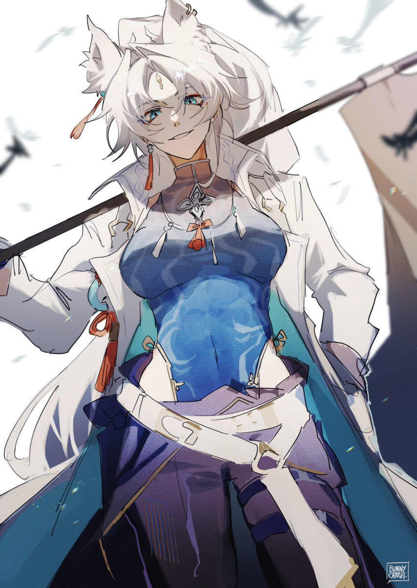 1girl, alternate_costume, animal_ears, bare_hips, belt, bird, blurry, blurry_background, chinese_clothes, coat, collared_coat, covered_navel, earrings, eyeliner, feixiao_(honkai:_star_rail), flag, forehead_jewel, green_eyes, head_tilt, high_collar, high_ponytail, highres, hip_vent, holding, honkai:_star_rail, honkai_(series), jewelry, long_hair, long_sleeves, looking_at_viewer, loose_belt, makeup, milktea543, motion_blur, navel, open_clothes, open_coat, parted_bangs, single_earring, smile, solo, standing, teeth, watermark, white_background, white_coat, white_hair