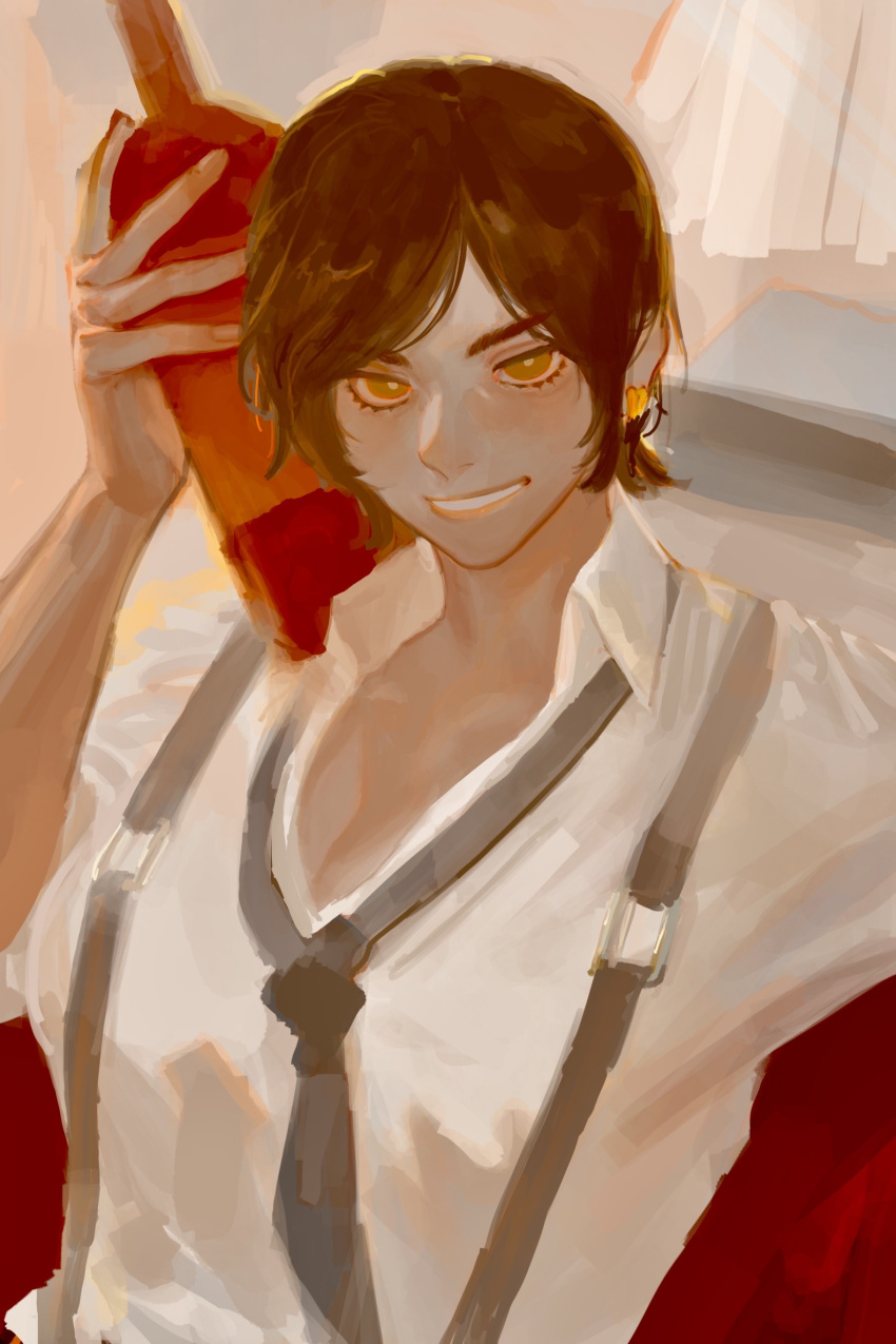 1girl, absurdres, black_necktie, bottle, brown_eyes, brown_hair, collared_shirt, highres