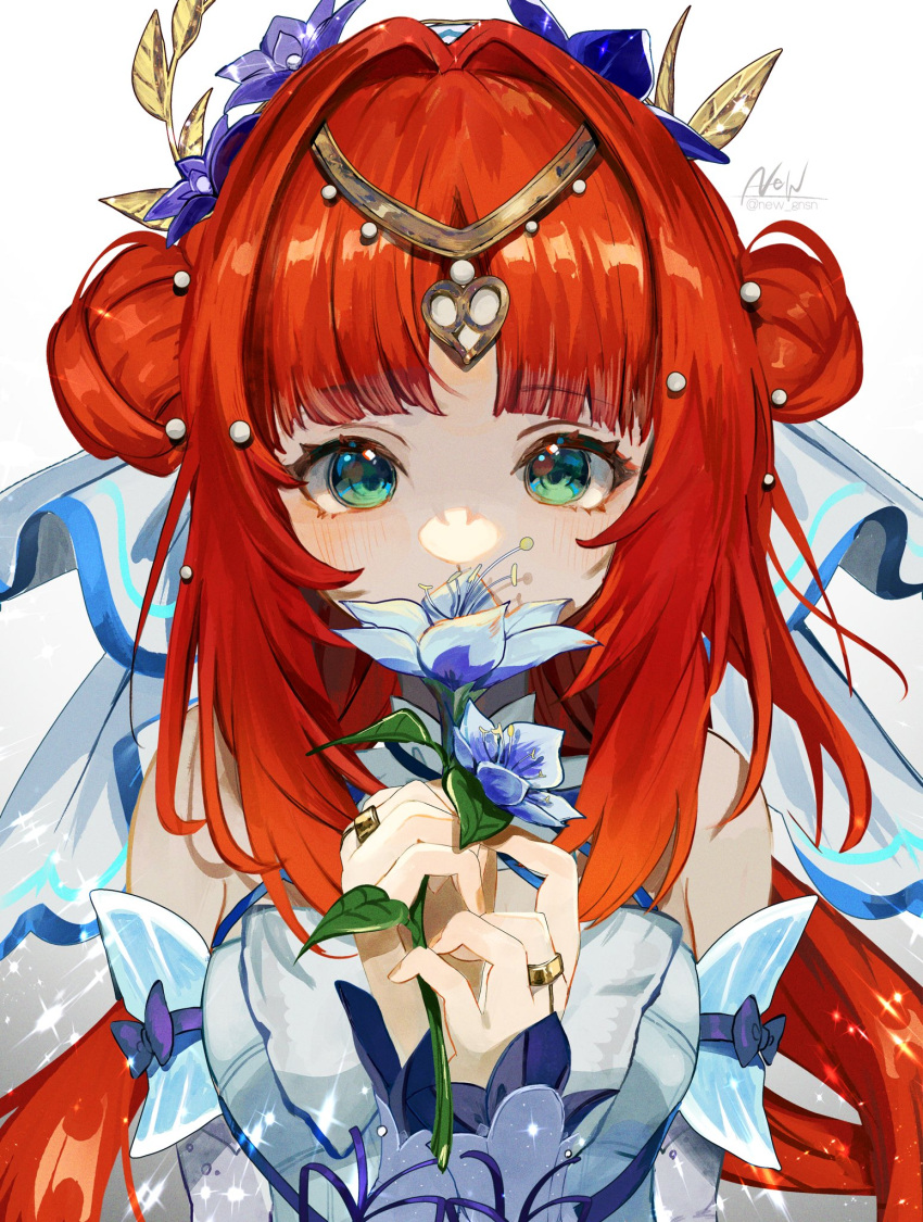 1girl, aqua_eyes, bare_shoulders, blush, circlet, commentary_request, detached_sleeves, double_bun, flower, genshin_impact, hair_bun, hair_flower, hair_ornament, highres, holding, holding_flower, jewelry, long_hair, looking_at_viewer, new_(new_gnsn), nilou_(breeze_of_sabaa)_(genshin_impact), nilou_(genshin_impact), official_alternate_costume, padisarah_flower, parted_bangs, purple_flower, redhead, ring, signature, solo, sparkle, twitter_username, upper_body, very_long_hair, white_background, white_veil