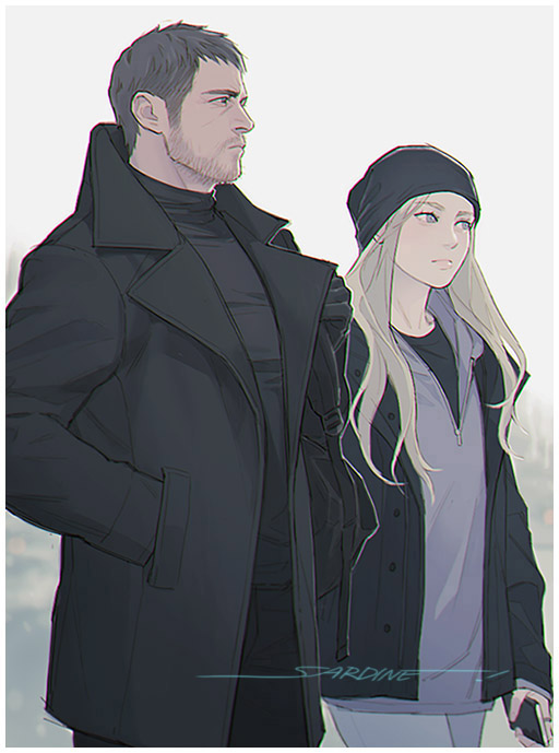 1boy, 1girl, artist_name, black_beanie, black_jacket, black_shirt, blonde_hair, blue_pants