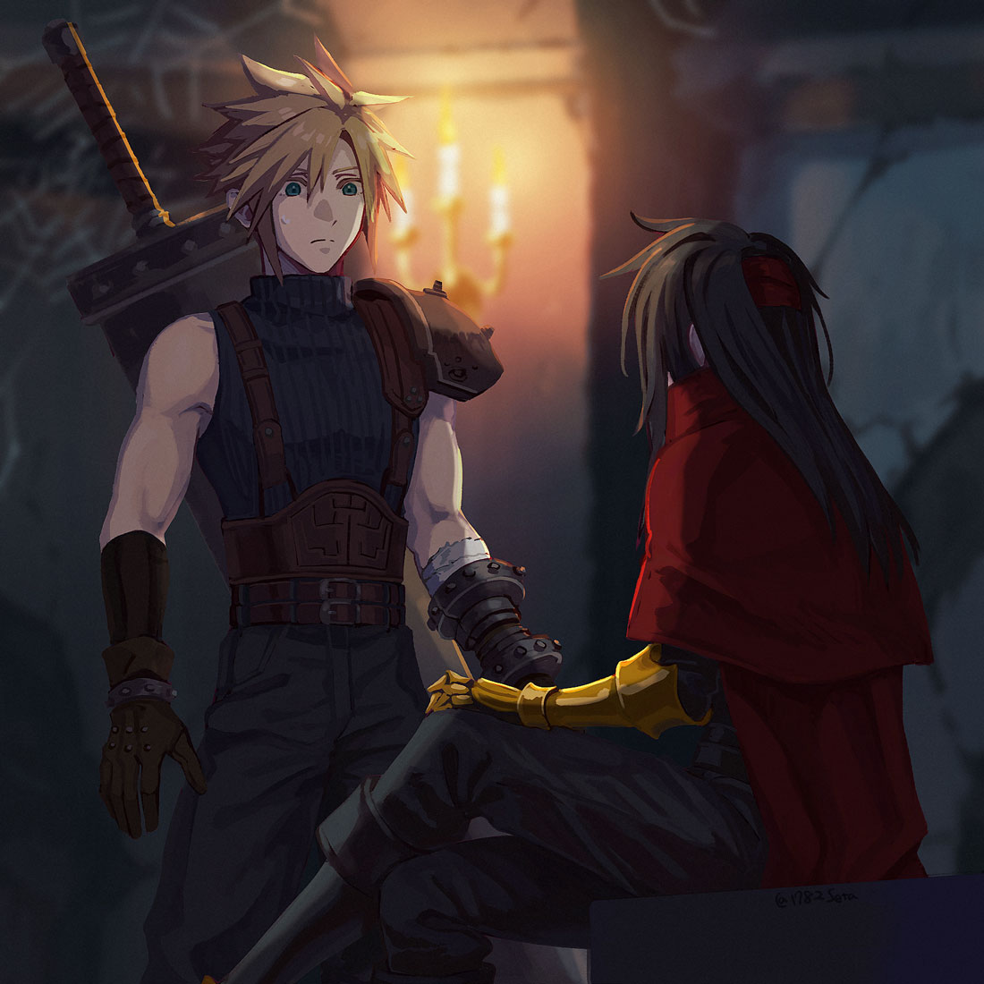 1782seta, 2boys, armor, bandaged_arm, bandages, belt, black_footwear, black_hair