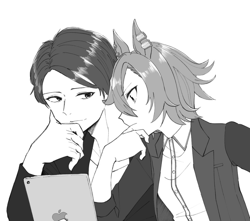 1boy, 1girl, animal_ears, collarbone, collared_shirt, commentary_request, ear_piercing, greyscale