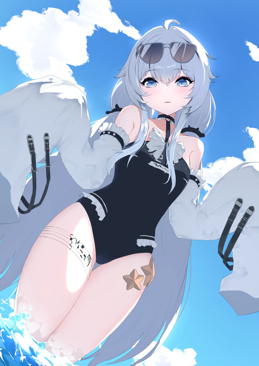 1girl, absurdres, ahoge, bare_shoulders, black_choker, black_one-piece_swimsuit, blue_sky, choker