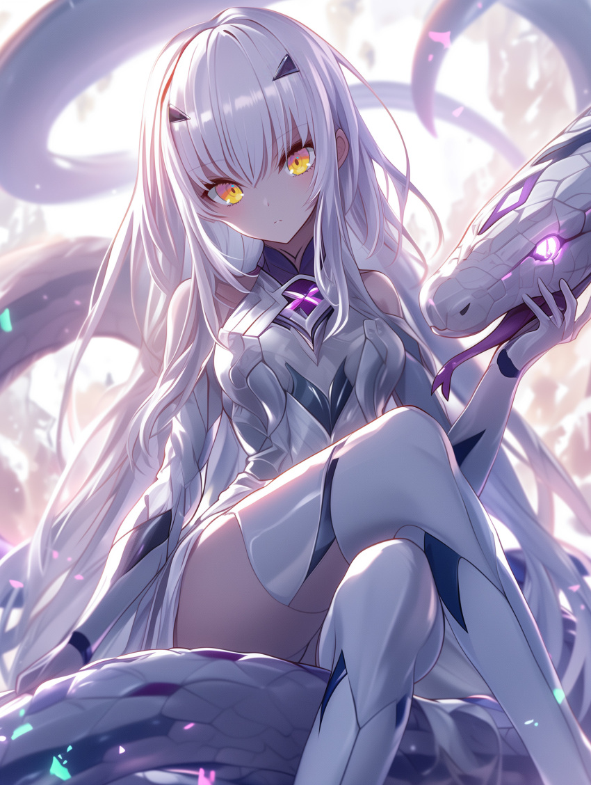 1girl, absurdres, ai-generated, bikini, dragon_girl, fate/grand_order, fate_(series), highres, koko_0316a, long_hair, melusine_(fate), smile, swimsuit, white_hair