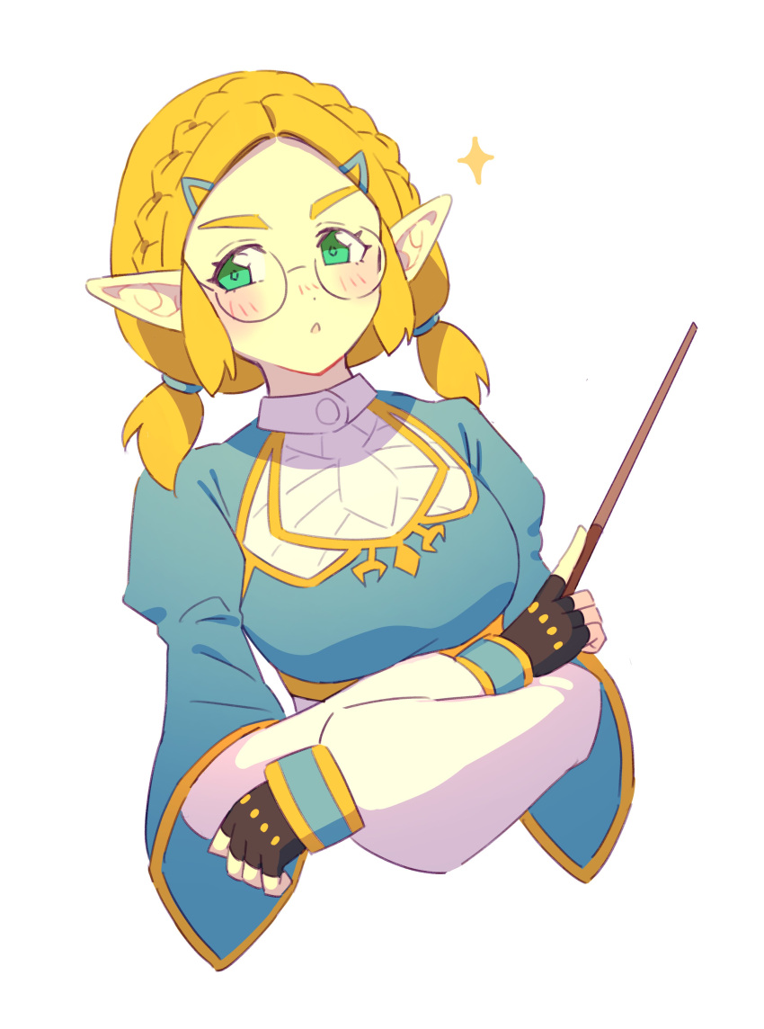 1girl, absurdres, blonde_hair, blush, braid, cropped_torso, crossed_arms, crown_braid, dot_nose, glasses, green_eyes, highres, holding, holding_stick, low_twintails, nyakulz, pointy_ears, princess_zelda, round_eyewear, short_twintails, simple_background, solo, sparkle, stick, the_legend_of_zelda, the_legend_of_zelda:_tears_of_the_kingdom, twintails, white_background