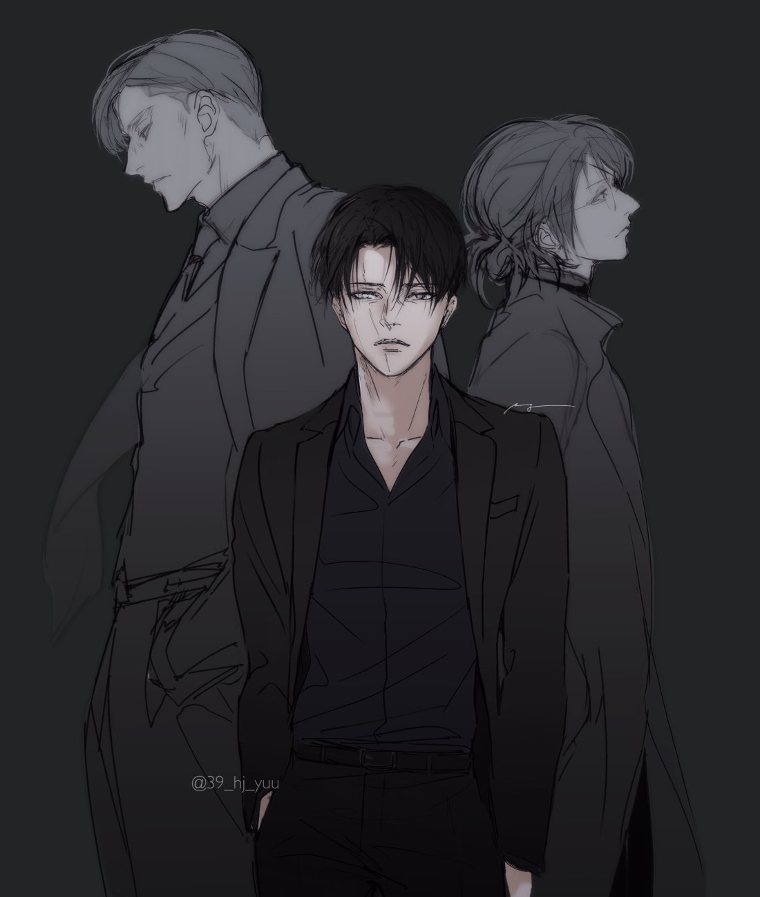 1girl, 2boys, back-to-back, black_jacket, black_shirt, closed_mouth, collared_shirt, erwin_smith