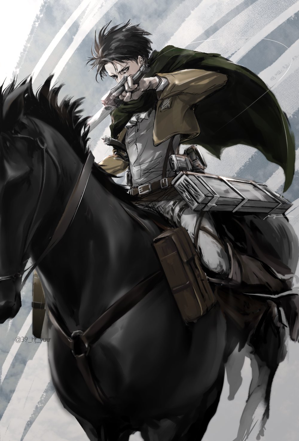 1boy, black_hair, black_horse, brown_jacket, clenched_hand, cloak, cropped_jacket, fighting_stance