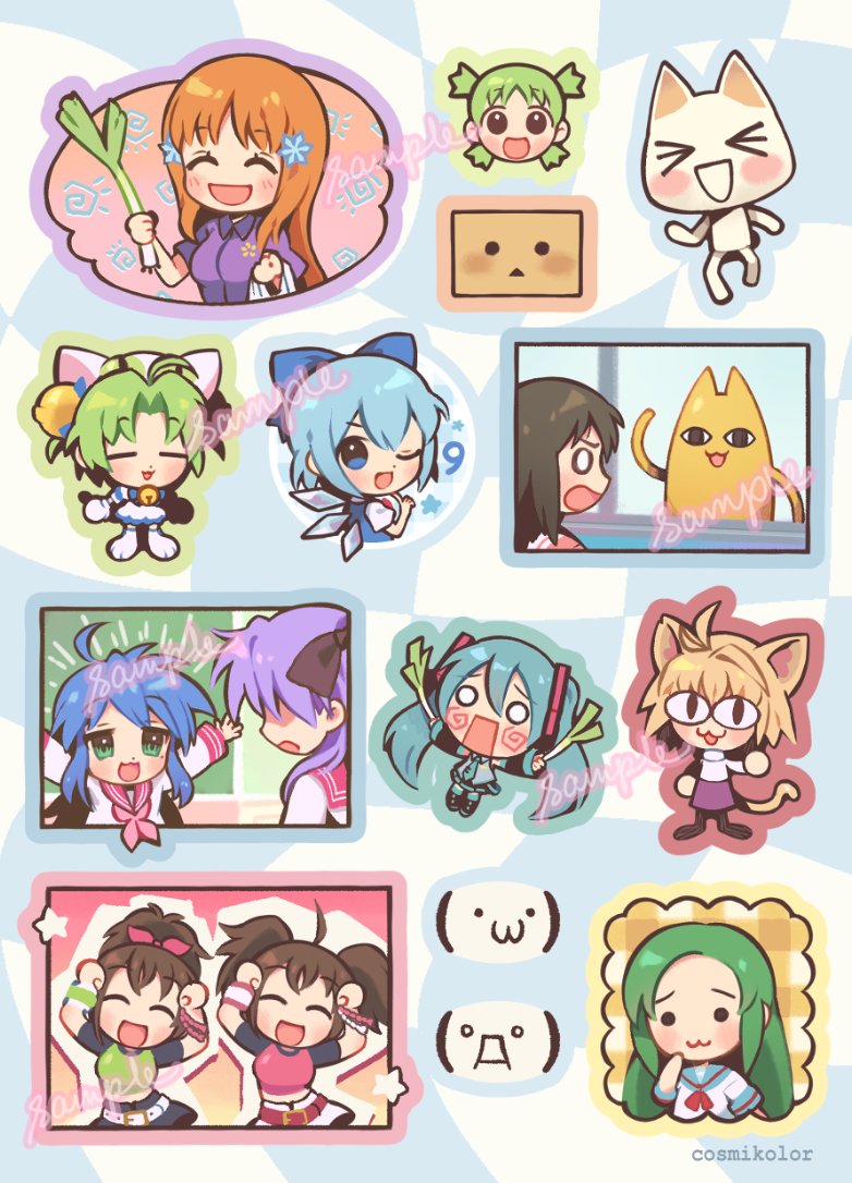 1boy, 6+girls, ahoge, animal_ears, artist_name, azumanga_daioh, bleach, caramelldansen