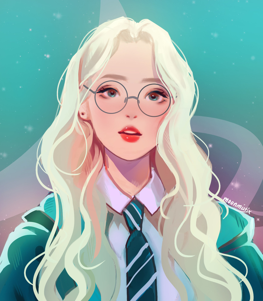 1girl, artist_name, blonde_hair, coat, earrings, english_commentary, eyeshadow, glasses