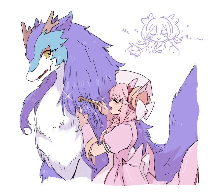 2girls, bow, brushing_animal, comb, commentary, doodle_inset, dragon, dragon_girl, dragon_horns, dragon_tail, dragonmaid_nudyarl, duel_monster, ei_(tdnei666), facing_another, fingerless_gloves, gloves, hat, highres, holding, holding_comb, horns, laundry_dragonmaid, multiple_girls, nurse_cap, nurse_dragonmaid, pink_hair, puffy_short_sleeves, puffy_sleeves, short_sleeves, simple_background, tail, white_background, white_bow, white_hair, yellow_eyes, yu-gi-oh!