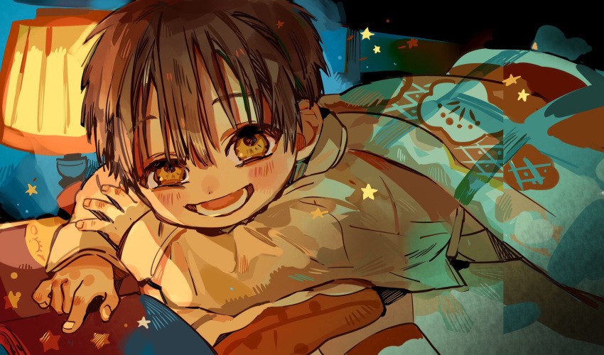 1boy, :d, aged_down, bed, bedroom, blanket, book, border