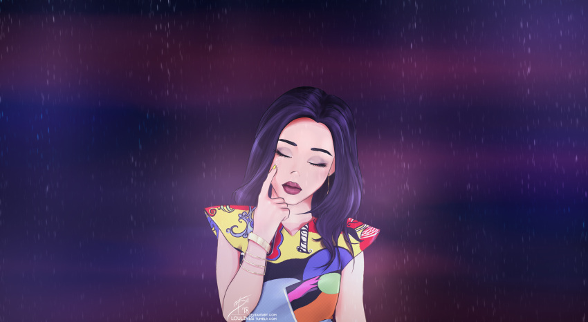 1girl, bracelet, closed_eyes, closed_mouth, deviantart_username, dress, english_commentary, eyeshadow