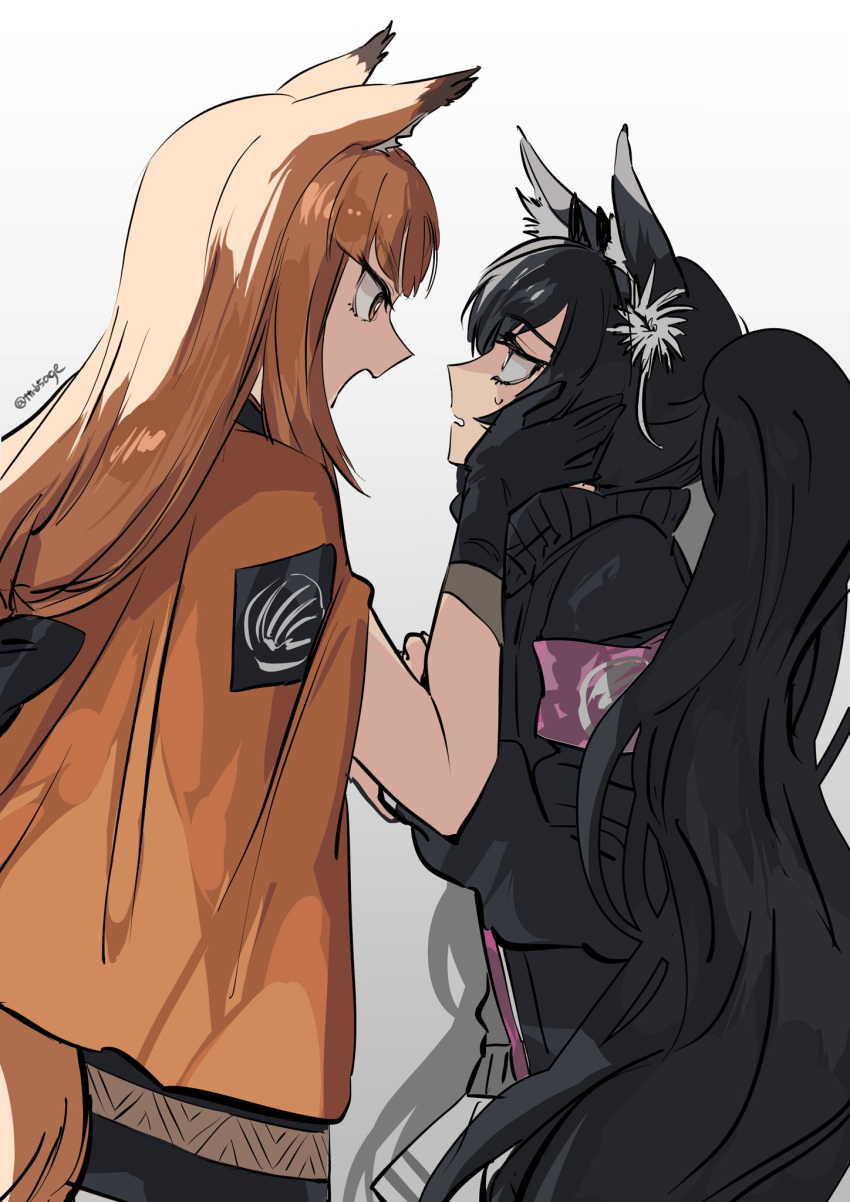 2girls, animal_ears, arknights, black_eyes, black_gloves, black_hair, black_jacket, black_skirt