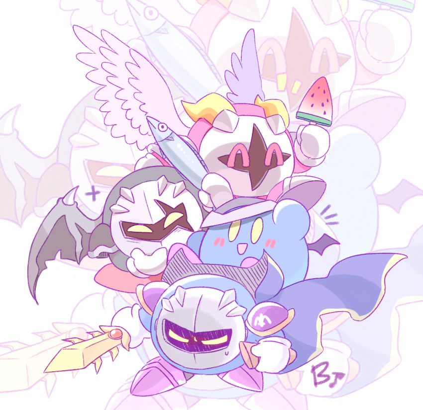 ^_^, angel_wings, annoyed, armor, bat_wings, beco_(100me), black_wings, blue_cape, blush_stickers, cape, closed_eyes, colored_skin, commentary_request, copy_ability, cosplay, dark_meta_knight, demon_horns, demon_wings, feathered_wings, food, furrowed_brow, galacta_knight, galaxia_(sword), gloves, grey_mask, hand_on_own_chin, highres, holding, holding_food, holding_popsicle, holding_sheath, holding_sword, holding_weapon, horns, human_tower, kirby, kirby_(series), laughing, mask, mask_on_head, meta_knight, meta_knight_(cosplay), mini_wings, no_humans, notice_lines, open_mouth, palette_swap, pauldrons, pink_skin, popsicle, purple_footwear, red_footwear, sabaton, scar, scar_across_eye, sheath, shoes, shoulder_armor, sitting, smile, solid_oval_eyes, sparkle, stacking, sword, watermelon_bar, weapon, white_background, white_footwear, white_gloves, white_mask, white_wings, wings, yellow_eyes, yellow_horns, zoom_layer