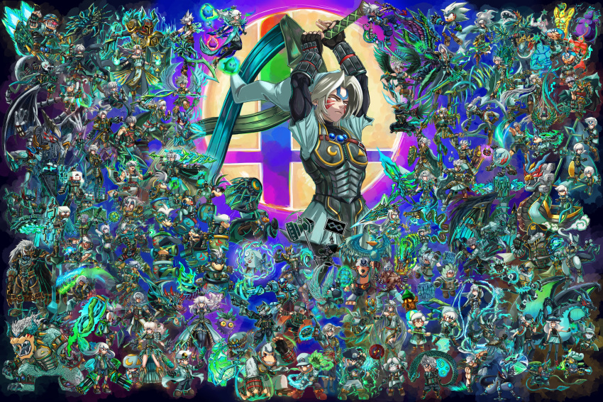 6+boys, 6+girls, absolutely_everyone, absurdres, alex_(minecraft), alien, alph_(pikmin), alternate_clothes_writing, alternate_color, alternate_costume, alternate_ears, alternate_eye_color, alternate_footwear, alternate_form, alternate_fur_color, alternate_hair_color, alternate_muscle_size, alternate_tail, alternate_weapon, amamiya_ren, android, angel, angel_wings, angry, animal, animal_crossing, animal_ears, anklet, arm_blade, arm_cannon, armor, armored_bodysuit, armored_dress, armored_gloves, armored_legwear, arms_(game), arms_at_sides, arms_up, arsene_(persona_5), aura, axe, aymr_(fire_emblem), back-to-back, ball, banana, banana_print, bandai_namco, bandana, banjo-kazooie, banjo_(banjo-kazooie), bare_arms, bare_shoulders, barefoot, baseball_cap, bayonetta, bayonetta_(series), beak, bear, bear_boy, beckoning, belt, belt_buckle, biceps, bird, bird_boy, bird_girl, black_background, black_gloves, black_leggings, black_thighhighs, blue_gemstone, blue_pants, blue_pikmin, boat, bodysuit, bomb, boots, bow, bow_(weapon), bowser, bowser_jr., boxing_gloves, bracelet, breasts, brown_footwear, buckle, byleth_(female)_(fire_emblem), byleth_(fire_emblem), byleth_(male)_(fire_emblem), capcom, cape, captain_falcon, castlevania:_rondo_of_blood, castlevania_(series), charizard, charm_(object), chest_jewel, choker, chrom_(fire_emblem), claws, clenched_hand, clenched_hands, closed_eyes, clothes_writing, cloud_strife, commentary, corrin_(female)_(fire_emblem), corrin_(fire_emblem), corrin_(male)_(fire_emblem), corruption, crescent, crescent_print, crocodile, crocodile_print, crocodilian, crossed_legs, crossover, crown, dark_persona, dark_pit, dark_samus, diddy_kong, dog, dog_(duck_hunt), dog_girl, donkey_kong, donkey_kong_(series), donkey_kong_country, double_helix, dr._mario, dr._mario_(game), dragon, dragon_boy, dragon_girl, dragon_quest, dragon_wings, dress, dual_wielding, duck_(duck_hunt), duck_hunt, earrings, egg, enderman, energy, energy_whip, english_commentary, english_text, everyone, evil_grin, evil_smile, explosive, f-zero, facial_hair, facial_tattoo, falco_lombardi, family_computer_robot, fangs, fatal_fury, fierce_deity, final_fantasy, final_fantasy_vii, fingerless_gloves, fire_emblem, fire_emblem:_path_of_radiance, fire_emblem:_shadow_dragon_and_the_blade_of_light, fire_emblem:_three_houses, fire_emblem_awakening, fire_emblem_fates, firing, fishing_rod, flag, floating, flying, food, forehead_jewel, fox, fox_boy, fox_mccloud, frown, fruit, full_moon, furry, game_&amp;_watch, ganondorf, garlic, gem, gloves, glowing, gorilla, gorilla_boy, green_(pokemon), greninja, grin, gun, hammer, hand_on_ground, hat, hedgehog, hedgehog_boy, hedgehog_ears, helmet, hero_(dq11), hero_(dq3), hero_(dq4), hero_(dq8), highres, holding, holding_animal, holding_axe, holding_bomb, holding_clothes, holding_egg, holding_fishing_rod, holding_food, holding_gun, holding_hammer, holding_hat, holding_knife, holding_legs, holding_paintbrush, holding_pickaxe, holding_shield, holding_shuriken, holding_staff, holding_sword, holding_weapon, holding_whip, horns, hyrule_warriors, ice, ice_climber, iggy_koopa, ike_(fire_emblem), incineroar, infinity_symbol, inkling, inkling_boy, inkling_girl, inkling_player_character, isabelle_(animal_crossing), ivysaur, jacket, jetpack, jewelry, jigglypuff, jumping, junior_clown_car, kazooie_(banjo-kazooie), ken_masters, keyblade, kid_icarus, kid_icarus_uprising, king_dedede, king_k._rool, kingdom_hearts, kirby, kirby's_adventure, kirby's_dream_land, kirby_(series), knee_boots, knee_up, kneeling, knife, konami, koopa_clown_car, larry_koopa, leg_up, leggings, legs, lemmy_koopa, letter_print, link, little_mac, lloid, long_hair, looking_at_another, looking_at_object, looking_at_viewer, looking_back, looking_down, looking_to_the_side, lucario, lucas_(mother_3), lucina_(fire_emblem), ludwig_von_koopa, luigi, luma_(mario), majora_(entity), mario, marth_(fire_emblem), mask, medic, medium_hair, mega_man_(character), mega_man_(classic), mega_man_(series), megami_tensei, meta_knight, metal_gear_(series), metroid, metroid_(creature), metroid_prime, mewtwo, microsoft, midriff, mii_brawler, mii_brawler_(smash_ultimate), mii_gunner, mii_gunner_(smash_ultimate), mii_swordfighter, mii_swordfighter_(smash_ultimate), min_min_(arms), minecraft, minecraft_pickaxe, mishima_kazuya, monado, monkey, monkey_boy, moon, morton_koopa_jr., mother_(game), mother_2, mother_3, motor_vehicle, motorcycle, mouth_mask, mr._game_&amp;_watch, multiple_boys, multiple_girls, multiple_persona, munchie_(dq8), music, musical_note, mustache, mythra_(xenoblade), nana_(ice_climber), necklace, ness_(mother_2), ninja, ninja_mask, nintendo, no_pupils, olimar, on_motorcycle, on_vehicle, open_clothes, open_jacket, open_mouth, outstretched_arms, pac-man, pac-man_(game), paintbrush, palutena, pants, pantyhose, parka, pauldrons, peanut, persona, persona_(summon), persona_5, phantom_(zelda), pichu, pickaxe, pikachu, pikachu_ears, pikachu_tail, pikmin_(creature), pikmin_(series), pill, piranha_plant, pit_(kid_icarus), plant, pointy_ears, pokemon, pokemon:_lucario_and_the_mystery_of_mew, pokemon_(anime), pokemon_(creature), pokemon_gsc, pokemon_rgby, pokemon_rse_(anime), pokemon_sm, pokemon_tail, pokemon_xy, ponytail, popo_(ice_climber), possessed, princess_daisy, princess_peach, princess_zelda, psychic, punch-out!!, purple_pikmin, pyra_(xenoblade), red_(pokemon), red_pikmin, richter_belmont, riding, ridley, robin_(female)_(fire_emblem), robin_(fire_emblem), robin_(male)_(fire_emblem), robot, rope_snake, rosalina, roy_(fire_emblem), roy_koopa, ryu_(street_fighter), samus_aran, scarf, see-through, sega, sephiroth, serious, sheik, shield, shin_guards, shin_megami_tensei, short_dress, short_hair, shorts, shoulder_armor, shulk_(xenoblade), shuriken, sideburns, sign, simon_belmont, singing, skin_tight, smash_ball, smile, snake, snk, soccer_ball, solid_snake, sonic_(series), sonic_the_hedgehog, sora_(kingdom_hearts), spinning, splatoon_(series), splatoon_1, square_enix, squirtle, staff, standing, star_(symbol), star_fox, star_fox_2, stethoscope, steve_(minecraft), stoic_seraphim, street_fighter, super_mario_bros., super_mario_bros._1, super_mario_galaxy, super_mario_land_2, super_mario_world, super_smash_bros., sword, sword_of_the_creator, tail, tattoo, tekken, terry_bogard, the_king_of_red_lions, the_legend_of_zelda, the_legend_of_zelda:_majora's_mask, the_legend_of_zelda:_ocarina_of_time, the_legend_of_zelda:_spirit_tracks, thick_eyebrows, thigh-highs, thighs, toad_(mario), toeless_footwear, tongue, tongue_out, toon_link, trait_connection, triangle, triangle_print, tunic, turnip, turnip_(mario), uppercut, very_long_hair, villager_(animal_crossing), vines, wario, warioware, watercraft, weapon, webbed_feet, webbed_hands, wendy_o._koopa, whip, white_eyes, white_fur, white_hair, white_pants, white_pikmin, white_scarf, wii_fit, wii_fit_trainer, wii_fit_trainer_(female), wii_fit_trainer_(male), wings, wolf, wolf_boy, wolf_o'donnell, wrist_guards, xenoblade_chronicles_(series), xenoblade_chronicles_2, yellow_pikmin, yoshi, young_link, zero_suit, zombie_(minecraft)