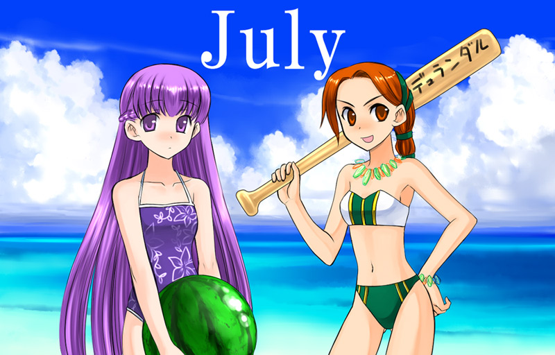 baseball_bat, bikini, blush, bracelet, brown_eyes, brown_hair, cath, fire_emblem