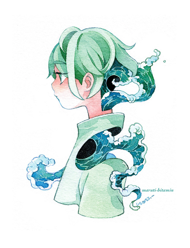 1boy, artist_name, closed_mouth, cropped_shoulders, expressionless, from_side, green_eyes, green_hair, green_shirt, green_theme, hole_in_back, liquid_hair, long_sleeves, male_focus, maruti_bitamin, ocean, original, painting_(medium), profile, shirt, short_hair, simple_background, solo, surreal, traditional_media, water, watercolor_(medium), waves, white_background