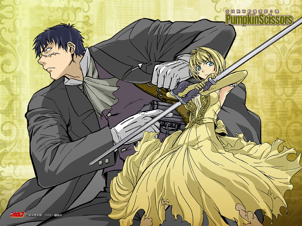 1girl, alice_l_malvin, blonde_hair, dress, gloves, gun, pumpkin_scissors, randal_orlando