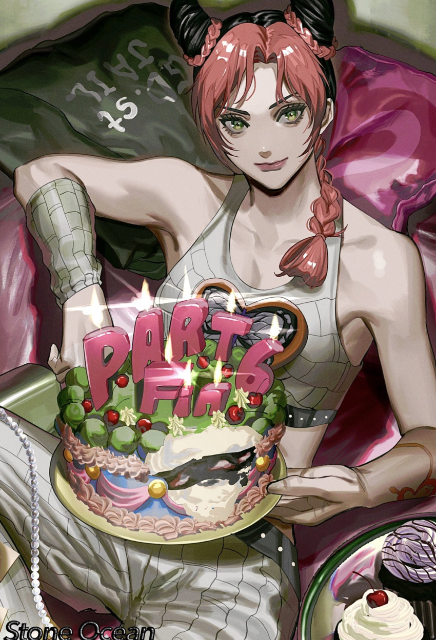 1girl, arm_tattoo, braid, braided_ponytail, brooch, cake, cherry, cupcake