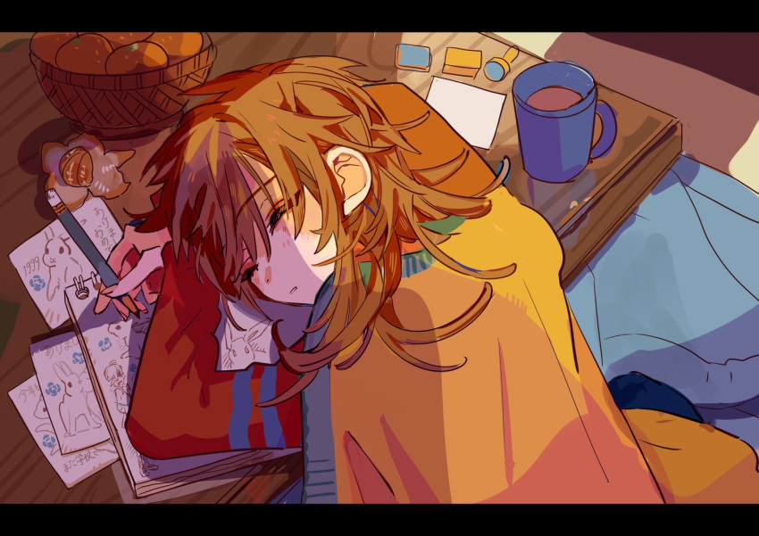 1girl, against_table, arm_rest, basket, blanket_cape, closed_eyes, commentary, crossed_wrists