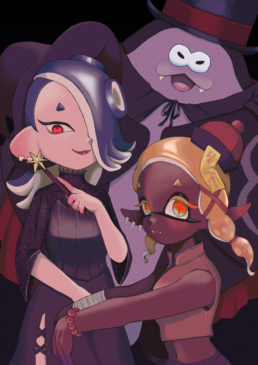 1boy, 2girls, bandaged_arm, bandages, bead_bracelet, beads, big_man_(splatoon), black_background