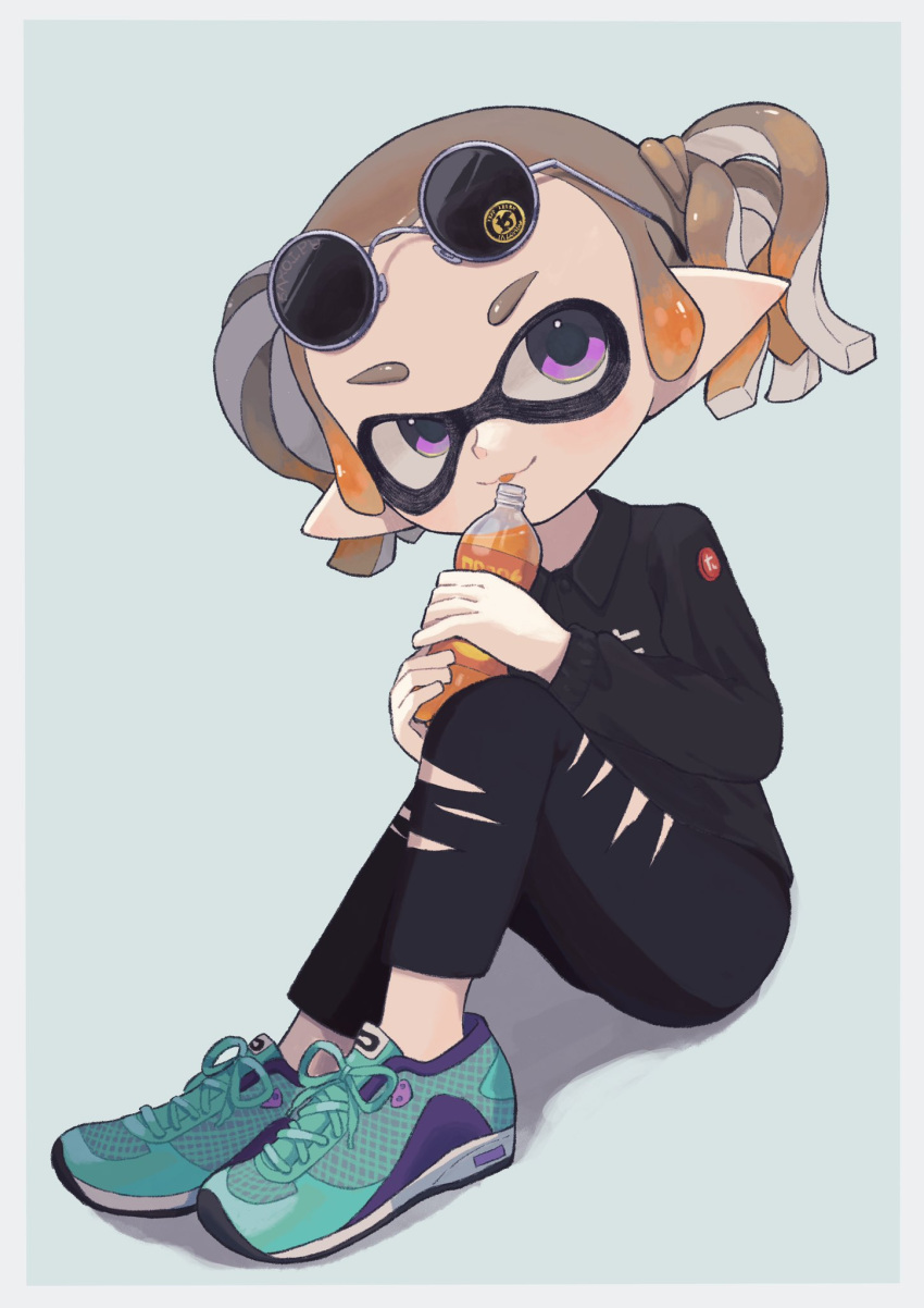 1girl, :p, black_pants, black_shirt, blue_background, blue_footwear, border, bottle, brown_hair, collared_shirt, commentary, cross-laced_footwear, drink, eyewear_on_head, full_body, gradient_hair, highres, holding, holding_bottle, holding_drink, inkling, inkling_girl, inkling_player_character, multicolored_hair, nyu_mame, orange_hair, pants, pink_eyes, pointy_ears, round_eyewear, shirt, shoes, short_hair, simple_background, sitting, smile, solo, splatoon_(series), splatoon_3, sunglasses, tentacle_hair, tongue, tongue_out, torn_clothes, torn_pants, two-tone_hair, white_border