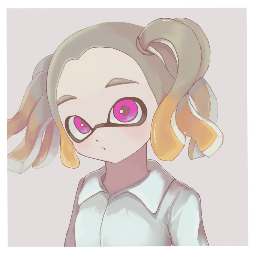 1girl, border, brown_hair, collared_shirt, commentary, gradient_hair, grey_background, highres