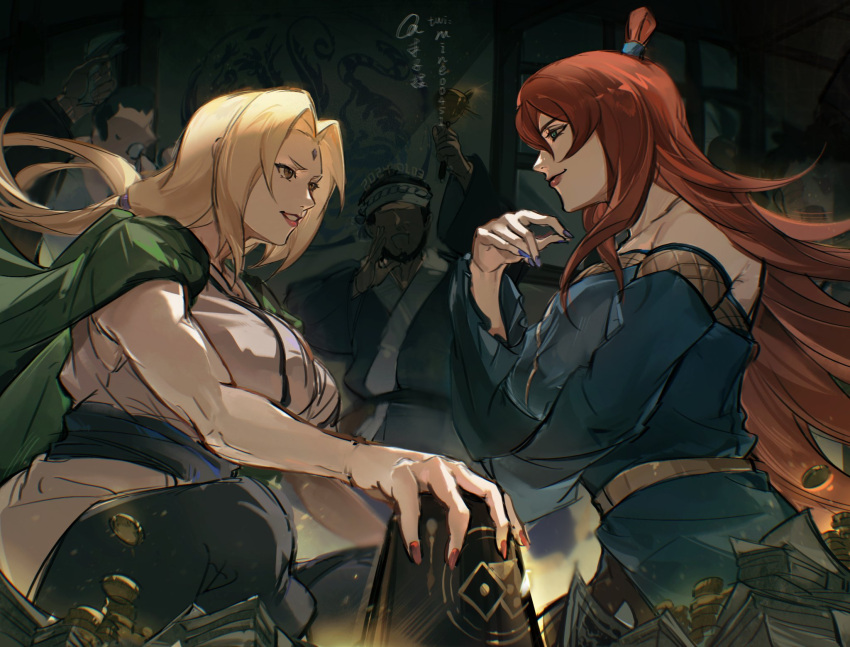 2girls, arm_up, bare_arms, bare_shoulders, black_background, blonde_hair, blue_dress, breasts, brown_eyes, closed_mouth, couple, detached_sleeves, dress, forehead_jewel, green_eyes, hair_between_eyes, hand_up, high_ponytail, highres, holding, indoors, japanese_clothes, large_breasts, long_hair, looking_at_another, low_ponytail, mine00451, multiple_girls, multiple_others, naruto_(series), parted_bangs, parted_lips, pink_lips, purple_nails, red_lips, red_nails, redhead, short_ponytail, sitting, smirk, terumi_mei, tsunade_(naruto), wavy_hair, wide_sleeves, yuri