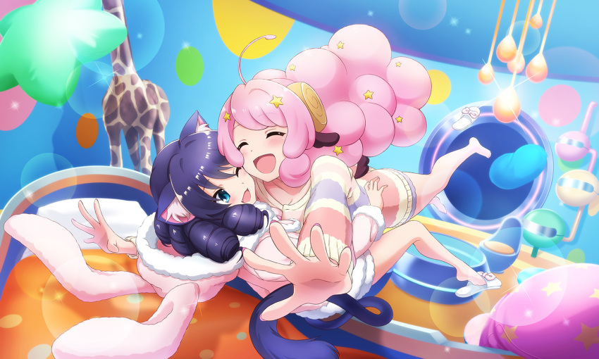 2girls, ;d, ^_^, ahoge, animal_ear_fluff, animal_ears, animal_hood, artist_request