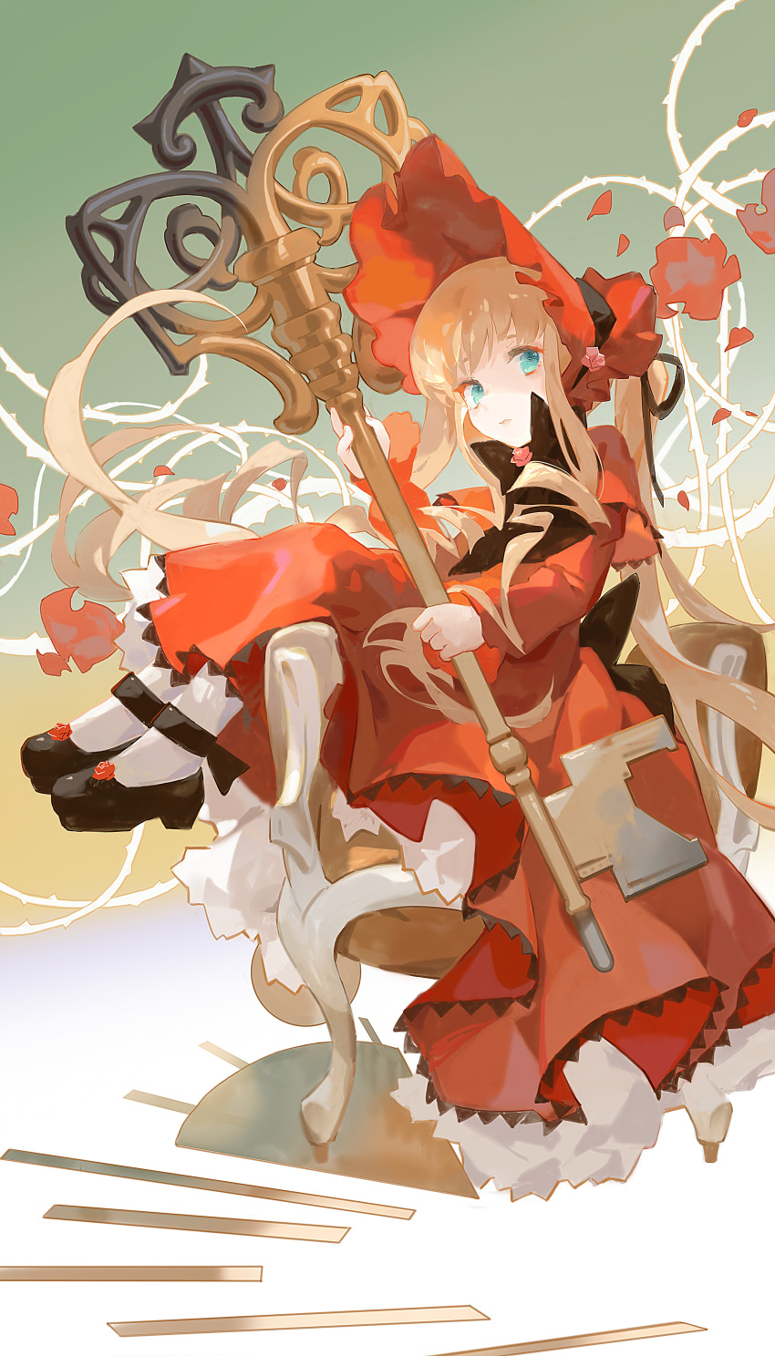 1girl, absurdres, black_bow, black_bowtie, black_footwear, blonde_hair, blue_eyes, bow