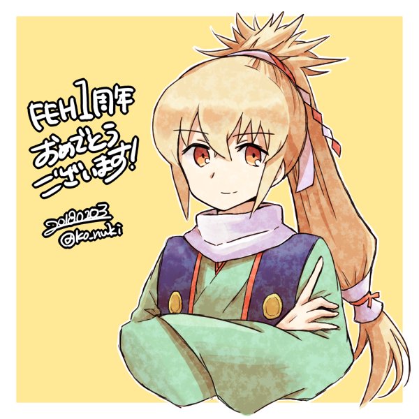 1boy, 2018, fire_emblem, fire_emblem_fates, fire_emblem_heroes, grey_hair, japanese_clothes, kimono, ko_nuki, long_hair, male_focus, new_year, official_alternate_costume, orange_eyes, ponytail, smile, solo, takumi_(fire_emblem), takumi_(new_year)_(fire_emblem)