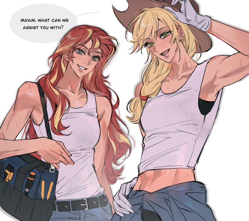2girls, abs, applejack, applejack_(equestria_girls), arm_up, armpit_crease, armpits, arms_up