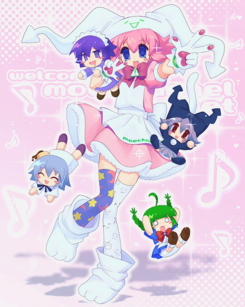 2000s_(style), 5girls, animal_hands, asymmetrical_legwear, bisuke-tan, blue_eyes, chibi, commentary, crossover, dress, english_commentary, english_text, falling, futaba_channel, gloves, hat, highres, holding_chibi, kfc, looking_at_viewer, mayura, me-tan, mismatched_legwear, moe-chan_(moechannel), moechannel, multiple_crossover, multiple_girls, musical_note, netrunmon, nijiura_maids, open_mouth, os-tan, pacapara, paw_gloves, paw_shoes, pawpads, pink_background, pink_dress, pink_hair, pink_theme, smile, sparkle, standing, ukagaka, w, white_footwear, white_gloves, white_hat, yakui, zettai_ryouiki