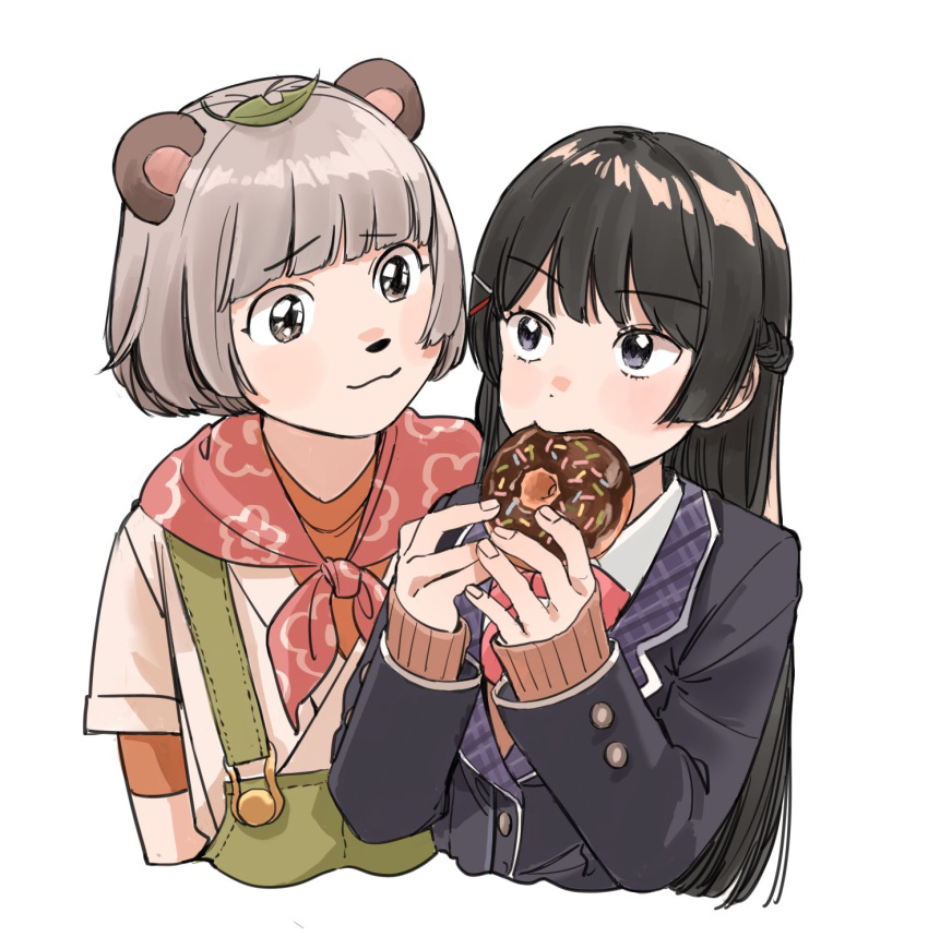 2girls, :3, animal_ears, animal_nose, bandana, black_eyes, black_hair, black_jacket