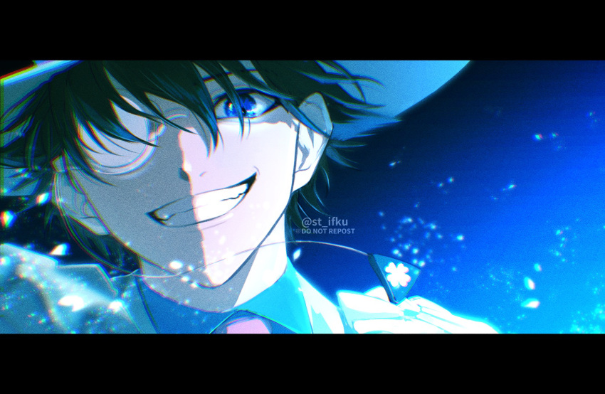 1boy, artist_name, black_border, blue_eyes, blue_shirt, border, brown_hair, chromatic_aberration