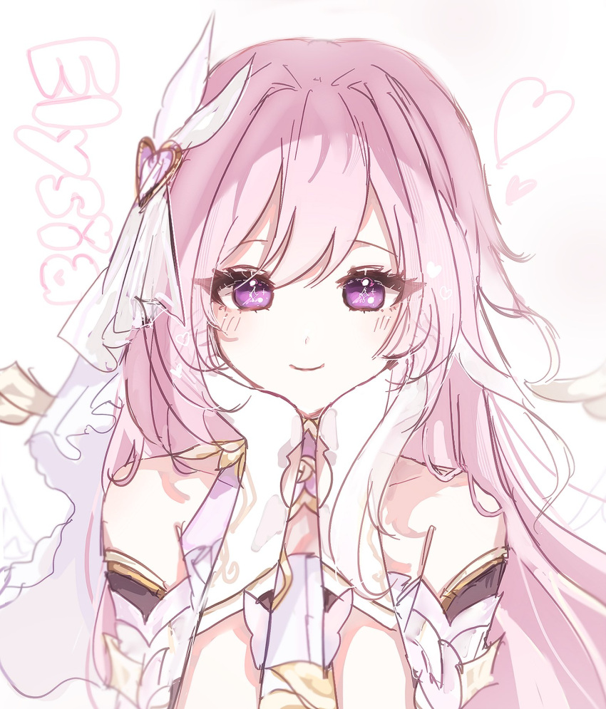 bare_shoulders, bridal_veil, character_name, closed_mouth, elysia_(herrscher_of_human:_ego)_(honkai_impact), elysia_(honkai_impact), gloves, hair_between_eyes, heart, highres, honkai_(series), honkai_impact_3rd, long_hair, looking_at_viewer, pink_hair, rosu_(rostar1r), smile, upper_body, veil, violet_eyes, white_background, white_gloves, white_veil