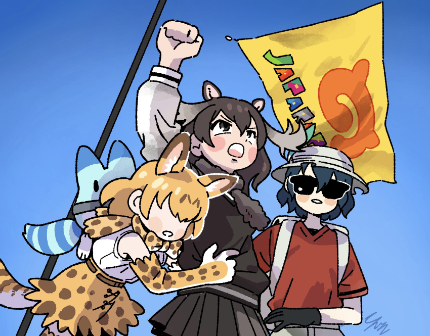 2024_assassination_attempt_of_donald_trump, 3girls, abdula, animal_ears, arm_up, backpack, bag, black_gloves