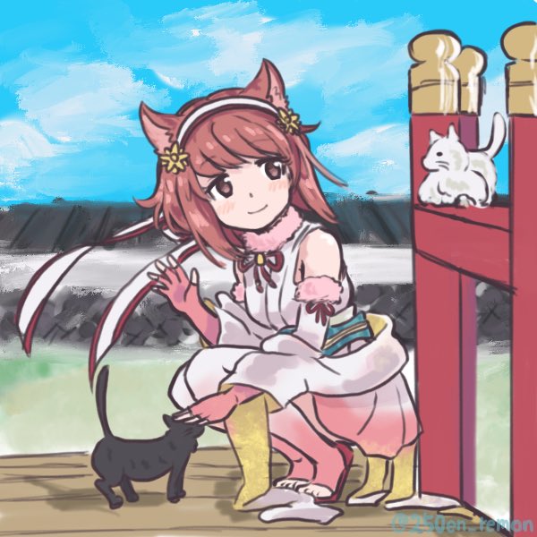 1girl, 250en_remon, 2others, animal_ears, bare_shoulders, cat, cat_ears, fingerless_gloves