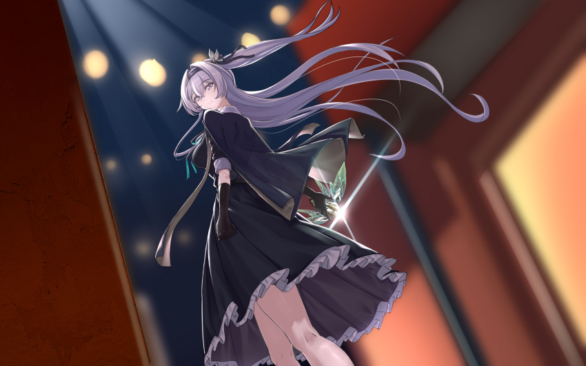 1girl, black_gloves, black_hairband, black_jacket, black_skirt, breasts, collared_shirt, cowboy_shot
