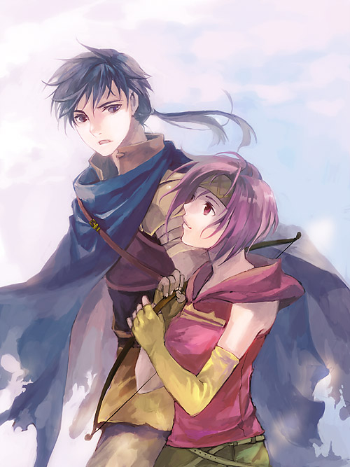 cape, colm, coma, fingerless_gloves, fire_emblem, fire_emblem:_seima_no_kouseki, fire_emblem:_the_sacred_stones, gloves, headband, kaito_(sawayakasawaday), neimi, pink_eyes, pink_hair, short_hair, single_elbow_glove, single_glove, weapon