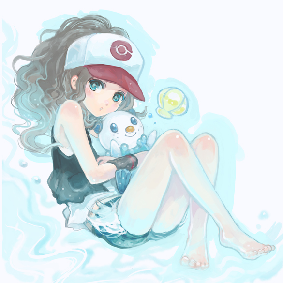 1girl, bare_shoulders, baseball_cap, blue_eyes, brown_hair, chiko_(d04099), denim, denim_shorts, hat, high_ponytail, hug, long_hair, open_mouth, oshawott, pokemon, pokemon_(creature), pokemon_(game), pokemon_black_and_white, pokemon_bw, ponytail, shell, shorts, smile, touko_(pokemon), vest, water, wristband