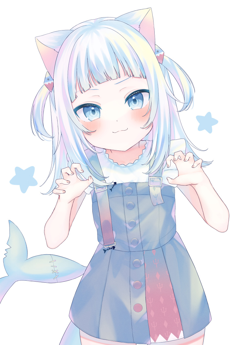 1girl, absurdres, animal_ears, blue_eyes, cat_ears, erunoto, fins, fish_tail, gawr_gura, gawr_gura_(casual), hair_ornament, highres, hololive, hololive_english, looking_at_viewer, multicolored_hair, official_alternate_costume, official_alternate_hairstyle, original, shark_girl, shark_tail, shirt, skirt, smile, solo, tail, two-tone_hair, virtual_youtuber, white_background