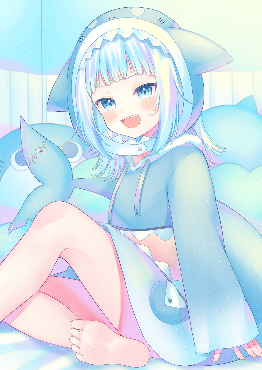 1girl, absurdres, animal_hood, bloop_(gawr_gura), blue_eyes, erunoto, fins, fish_tail