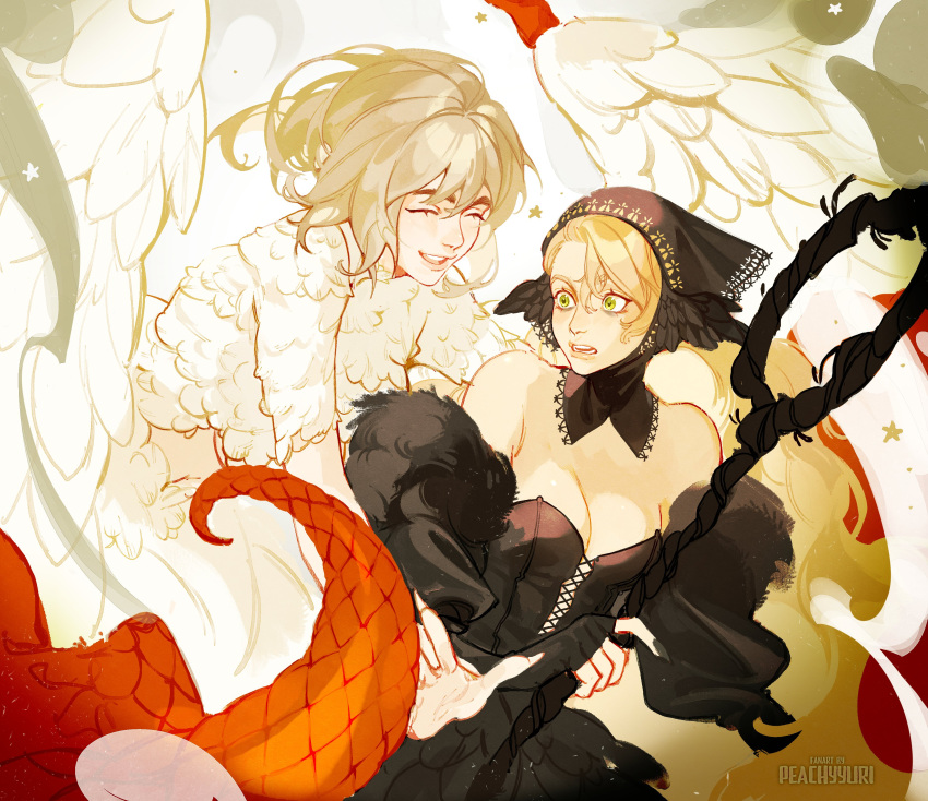 2girls, absurdres, artist_name, black_dress, black_hood, centauroid, chimera, closed_eyes, commentary, detached_hood, dress, dungeon_meshi, ear_covers, elf, english_commentary, falin_touden, falin_touden_(chimera), feathered_wings, feathers, fur-trimmed_dress, fur_trim, green_eyes, highres, holding, holding_staff, lace-trimmed_headwear, lace-trimmed_hood, lace_trim, long_hair, long_sleeves, marcille_donato, marcille_donato_(lord), monster_girl, multiple_girls, open_mouth, peachyyuri, pointy_ears, short_hair, staff, surprise_hug, surprised, taur, wings, yuri