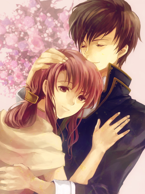 1girl, couple, cuan, cuan_(fire_emblem), ethlin, ethlin_(fire_emblem), fire_emblem, fire_emblem:_seisen_no_keifu, hand_on_head, kaito_(sawayakasawaday), pink_eyes, pink_hair, smile