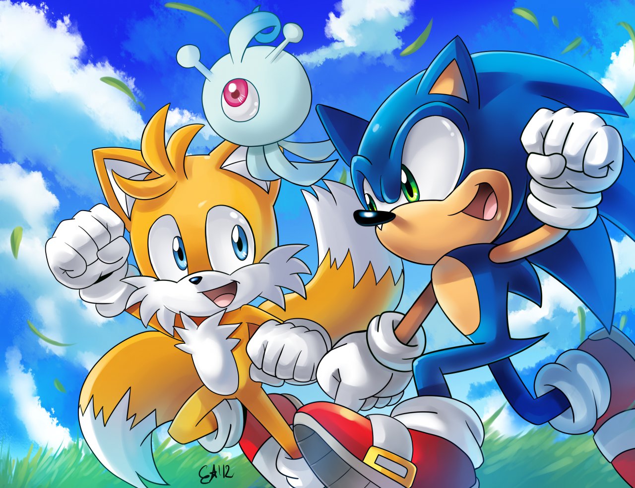 1other, 2boys, blue_eyes, blue_sky, clouds, english_commentary, fox_boy, furry
