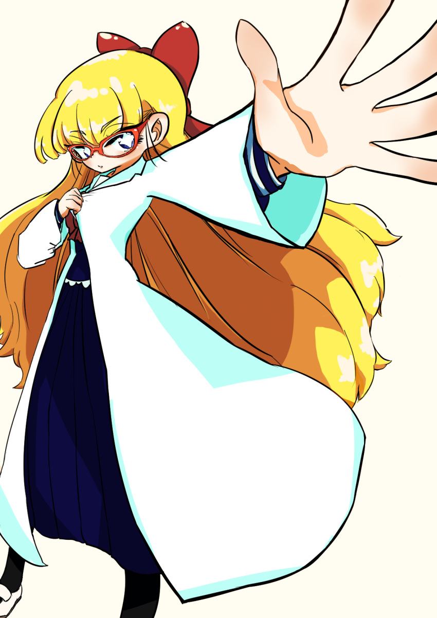 +_+, 1girl, arigasaki_chitose, black_socks, blonde_hair, blue_dress, bow, coat