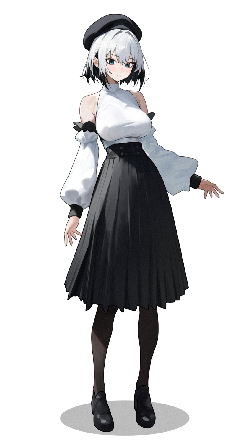 1girl, arasaka_inu, bare_shoulders, beret, black_eyes, black_footwear, black_hair, black_hat